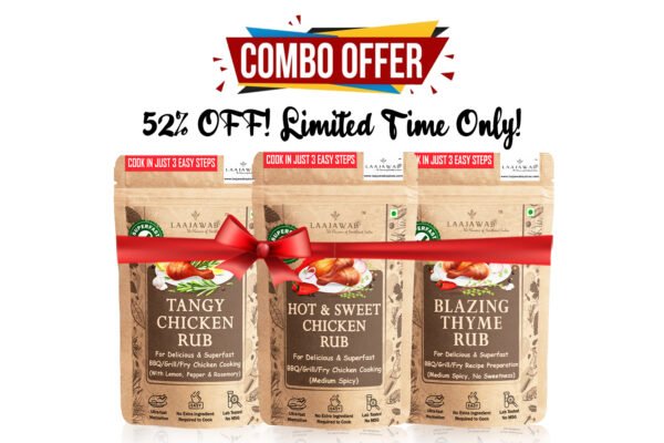  Combo Pack of Laajawab Hot & Sweet, Tangy and Blazing Thyme Rubs, Cook in 3 Easy Steps, No MSG  <h5>Cook 7.5 Kg Chicken, Medium Spicy; 130g, 130g, 130g</h5>