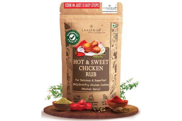  Laajawab Hot & Sweet Marinade Rub for Superfast & Delicious BBQ, Grill, Air Fry, Pan Fry, Gravy Chicken Preparation, No MSG or Artificial Flavor; 130g  <h5>Medium Spicy, Cooks 2.5 KGs of Chicken</h5>