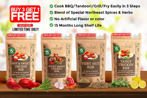  Combo Pack of 4 Best Sellers, Laajawab Hot & Sweet, Smoky, Tangy and Fiery Hot Marinade Rubs for Super Easy, Delicious & Healthy (Low Oil) Chicken/Meat Cooking, No MSG; 50gmx4; 32% Discount  <h5>Medium Spicy, Cooks 4 KGs of Chicken/Meat in Total</h5>