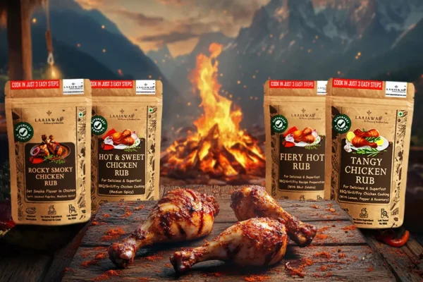 Combo Pack of 4 Rubs, Laajawab Hot & Sweet, Smoky, Tangy and Fiery Hot Marinade Rubs for Super Easy, Delicious & Healthy (Low Oil) Chicken/Meat Cooking, No MSG; 50gm x 4 Packs; 32% Off