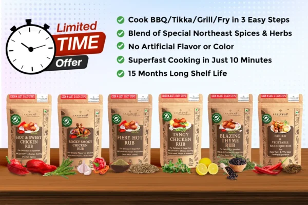  Combo Pack of 6, Laajawab Hot & Sweet, Smoky, Tangy, Blazing Thyme, Veg Rub and Fiery Hot Marinade Rubs for BBQ, Grill, Air Fry/Pan Fry Chicken/Veggies Cooking, No MSG; 50gm x 6 Packs  <h5>Medium Spicy, Cooks 6 KGs of Chicken/Meat/Veggies in Total</h5>